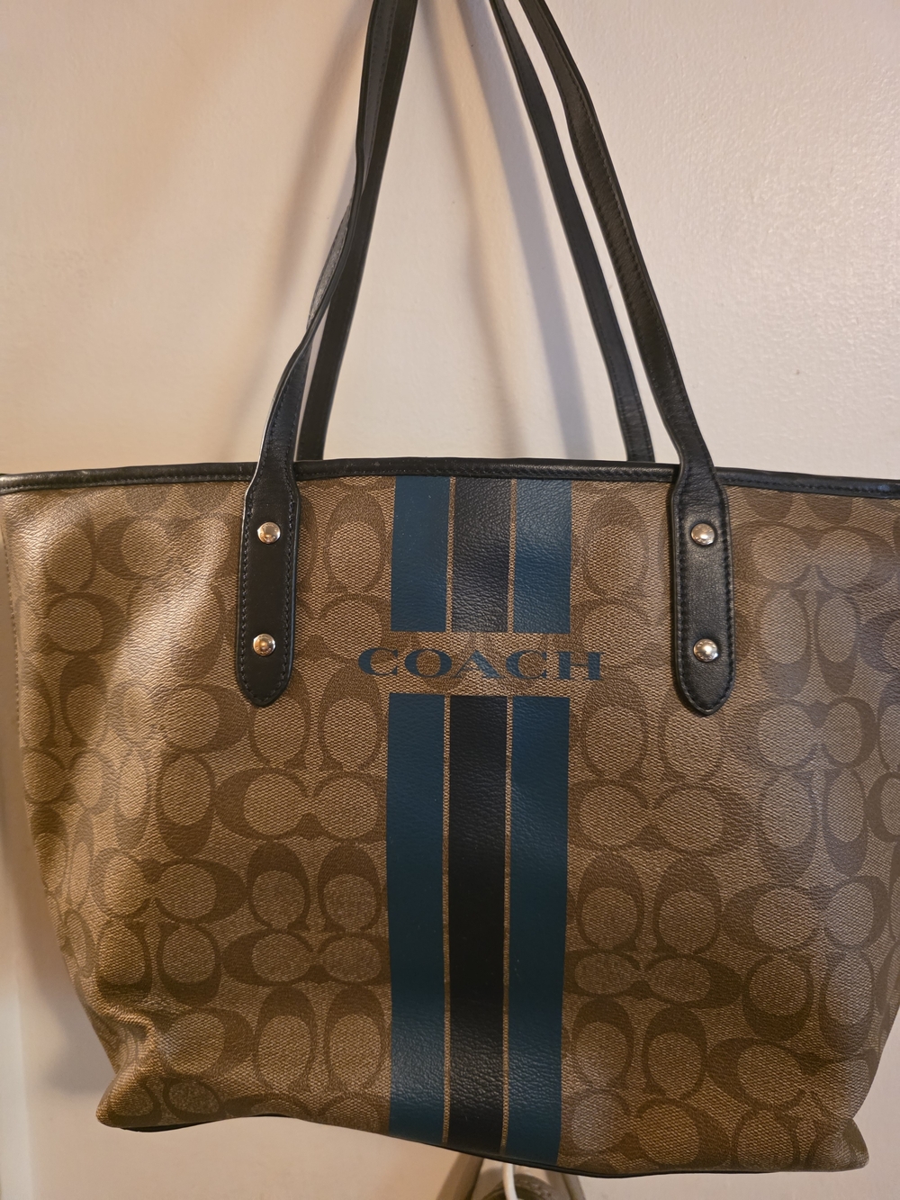 Coach Brown Signature Tote with Blue Racing Stripes